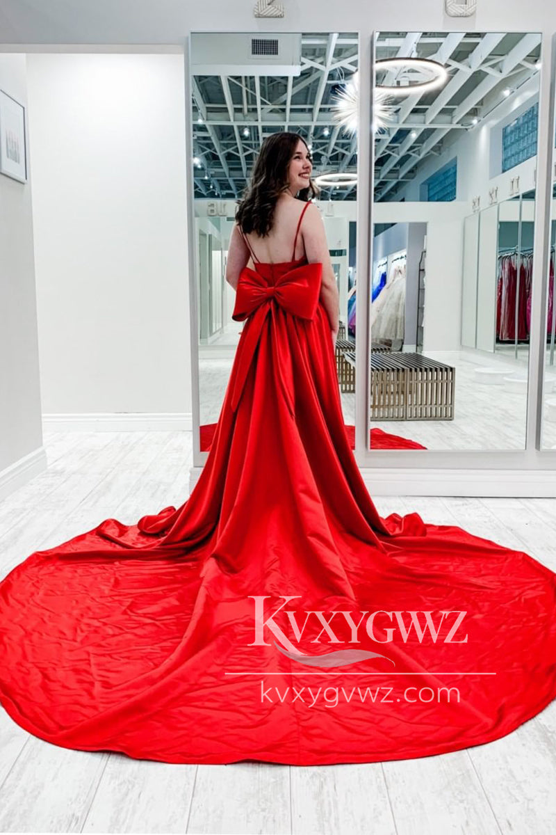 Spaghetti Strap Red Scoop Neck Satin Evening Gown A-Line Prom Dress Gown with Pockets LF1167