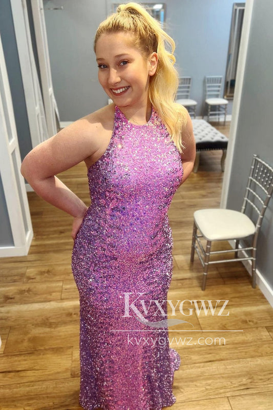 Purple Mermaid Evening Gown Halter Sequin Backless Long Prom Dress  LF1168