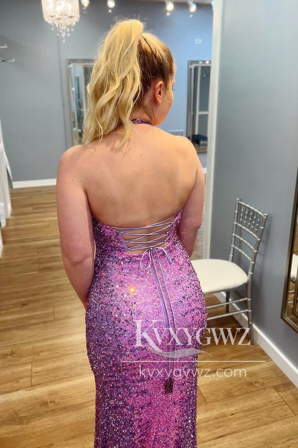 Purple Mermaid Evening Gown Halter Sequin Backless Long Prom Dress  LF1168