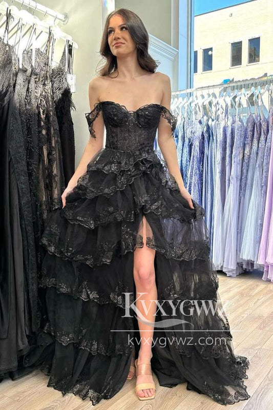 Off the Shoulder Ruffles Tiered Evening Gown Black Lace Sequins Prom Dress with Slit LF1169