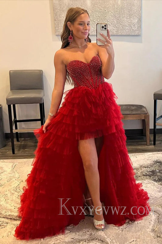 Red Beaded A-Line Tiered High Low Prom Homecoming Dress LF117