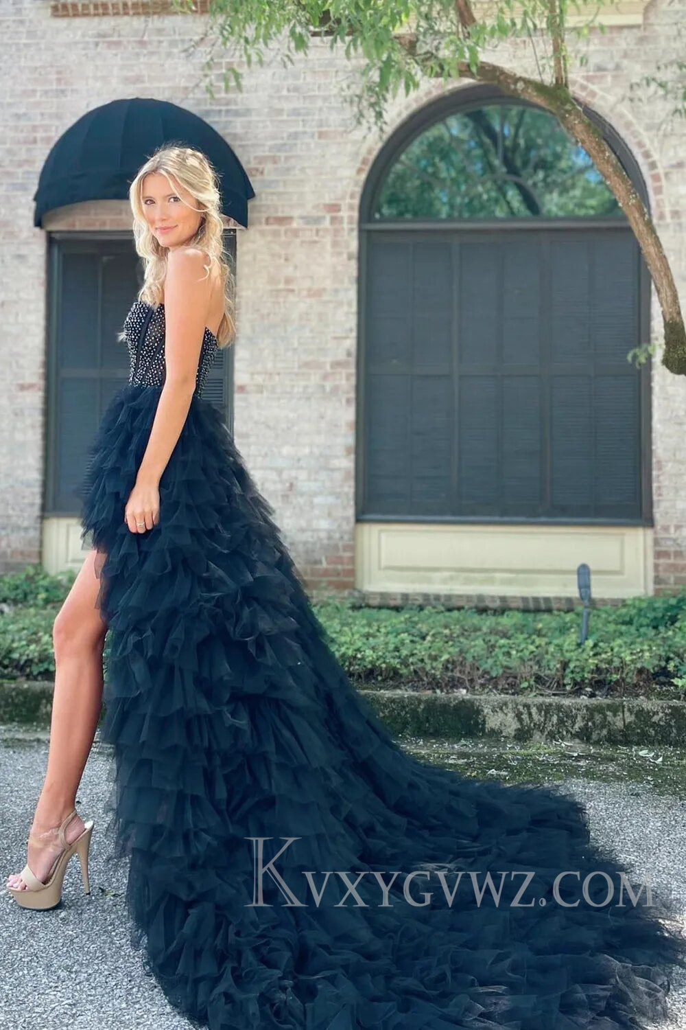 Red Beaded A-Line Tiered High Low Prom Homecoming Dress LF117