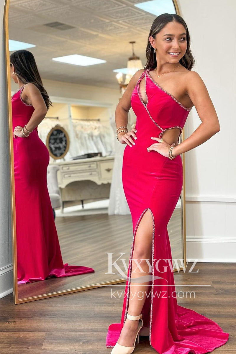 Red One Shoulder Velvet Evening Gown Mermaid Long Prom Dress with Slit LF1170
