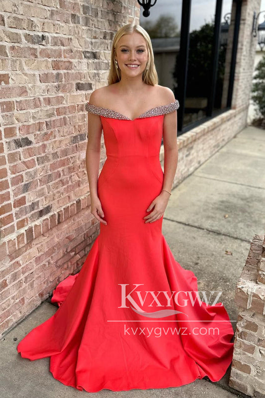 Red Satin Off the Shoulder Evening Gown Mermaid Sweep Train Long Prom Dress  LF1171