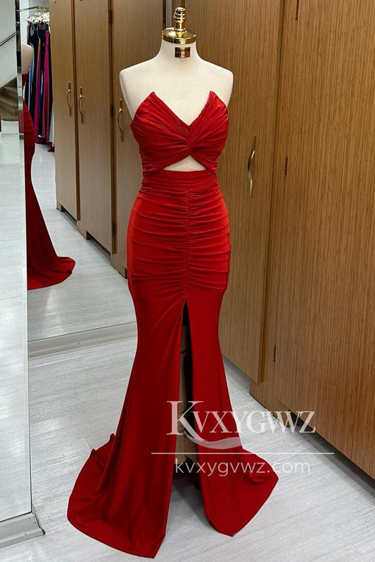 Red Strapless V-neck Twisted Evening Gown Mermaid Long Formal Prom Dress with Slit LF1172