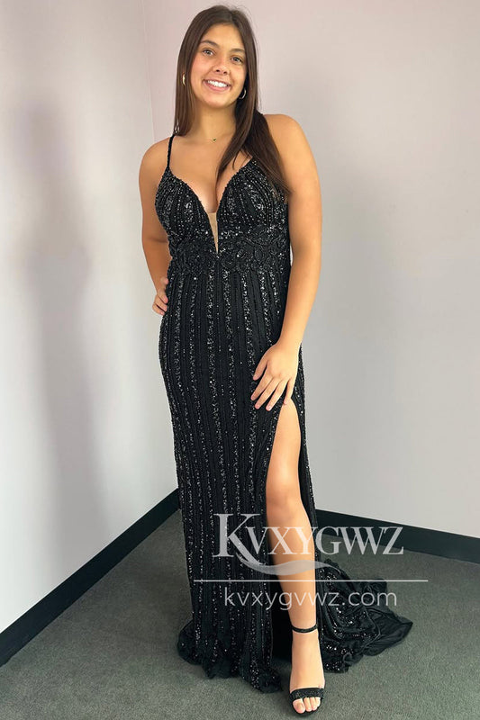 Spaghetti Strap Mermaid V Neck Evening Gown Black Sequins Long Prom Dress with Slit LF1174