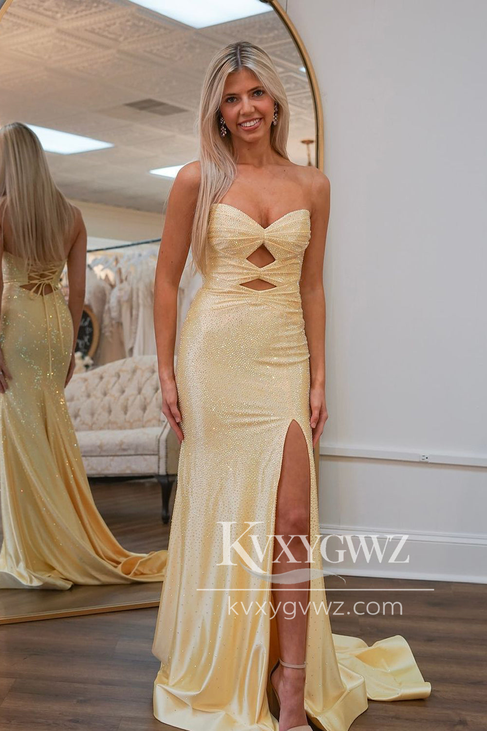 Conspicuous Mermaid V Neck Evening Gown Daffodial Satin Slit Prom Dress with Beading LF1175