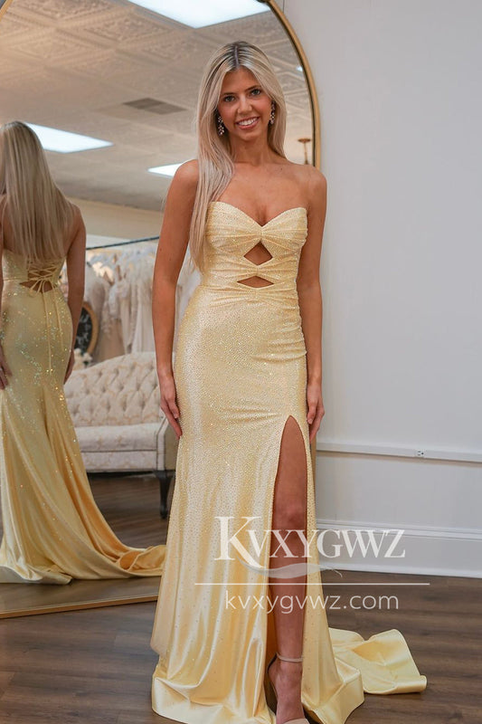 Conspicuous Mermaid V Neck Evening Gown Daffodial Satin Slit Prom Dress with Beading LF1175