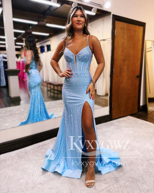 Conspicuous Spaghetti Strap Mermaid Evening Gown V Neck Light Blue Beaded Prom Dress with Slit LF1176