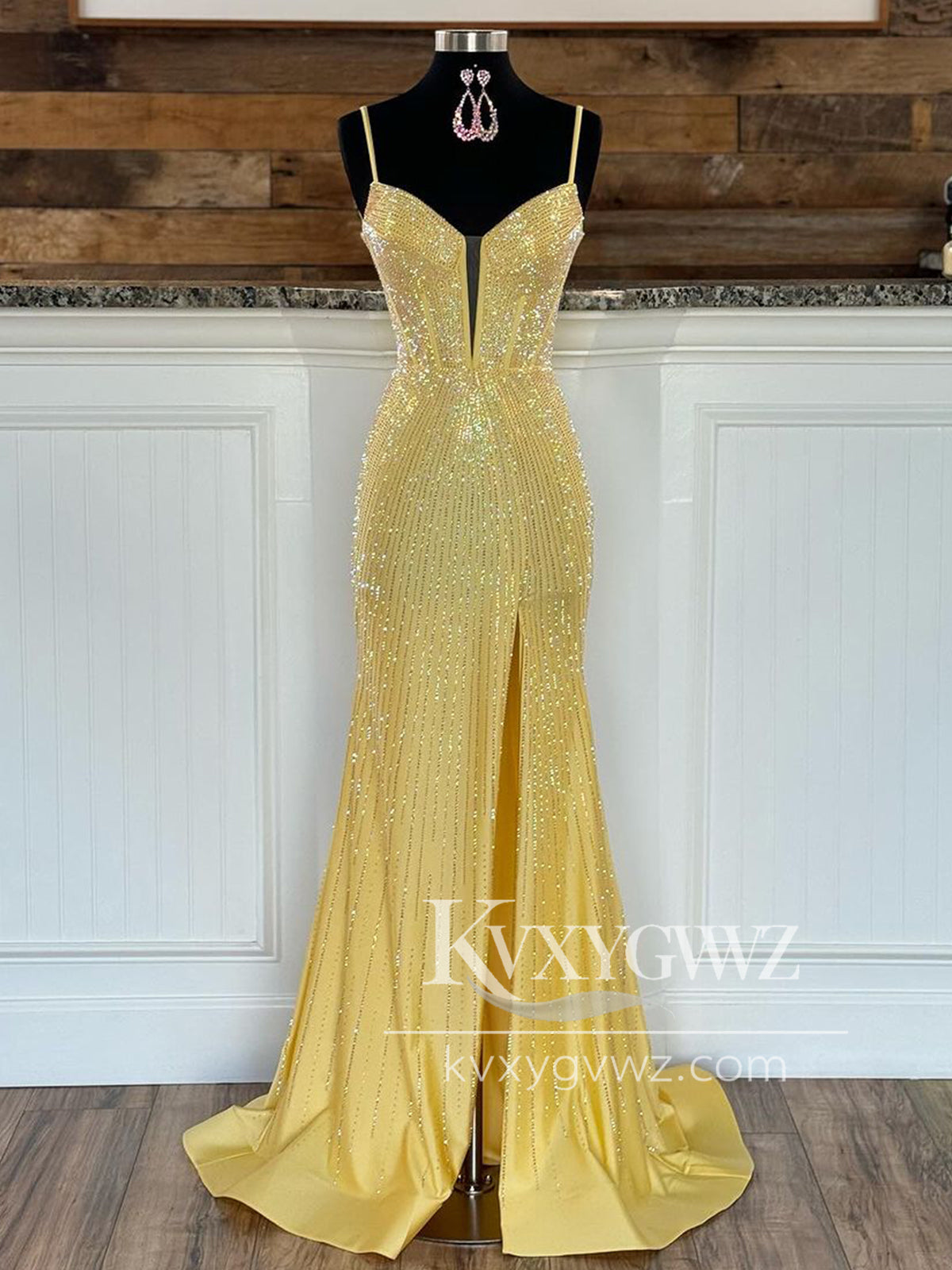 Conspicuous Spaghetti Strap Mermaid Evening Gown V Neck Light Blue Beaded Prom Dress with Slit LF1176
