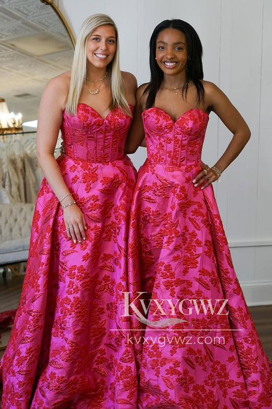 A-Line Strapless Sweetheart Evening Gown Fuchsia Jacquard Satin Long Prom Dress LF1177