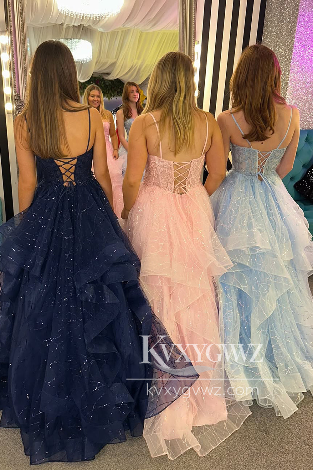 Stunning A Line Straps Ruffled Evening Gown Conspicuous Tulle Prom Dress with Appliques LF1178