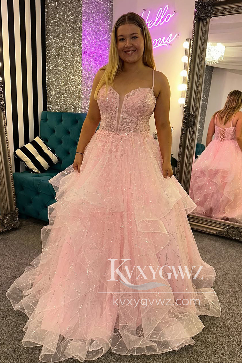 Stunning A Line Straps Ruffled Evening Gown Conspicuous Tulle Prom Dress with Appliques LF1178