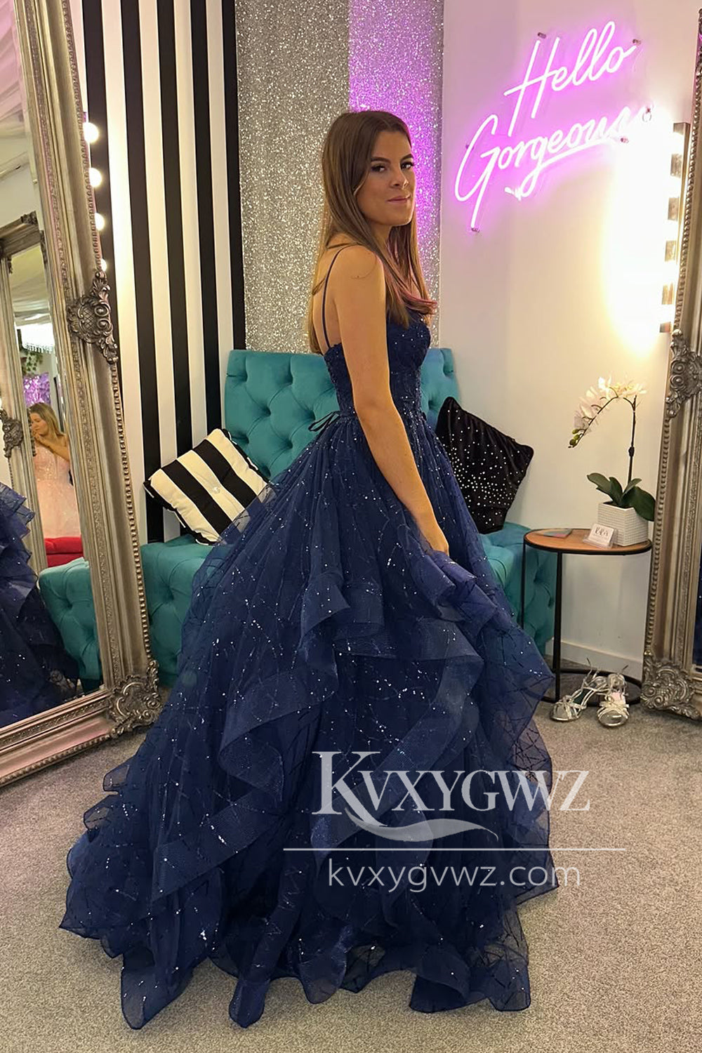 Stunning A Line Straps Ruffled Evening Gown Conspicuous Tulle Prom Dress with Appliques LF1178