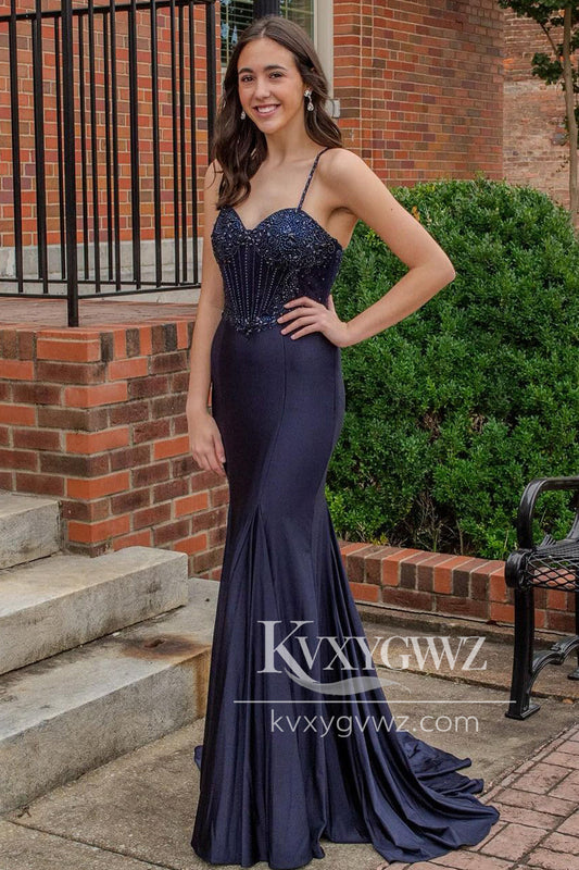 Chic Mermaid Sweetheart Evening Gown Navy Satin Long Prom Dress with Beading LF1179