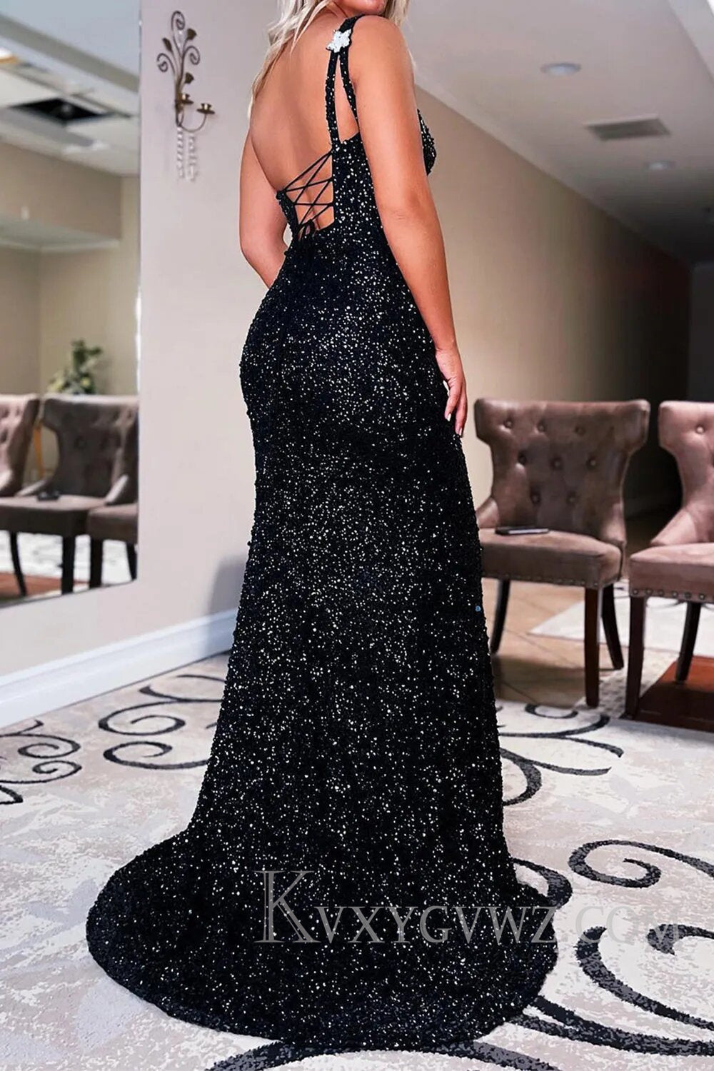Sparkly One Shoulder Mermaid Black Stars Sequins Prom Dress LF118
