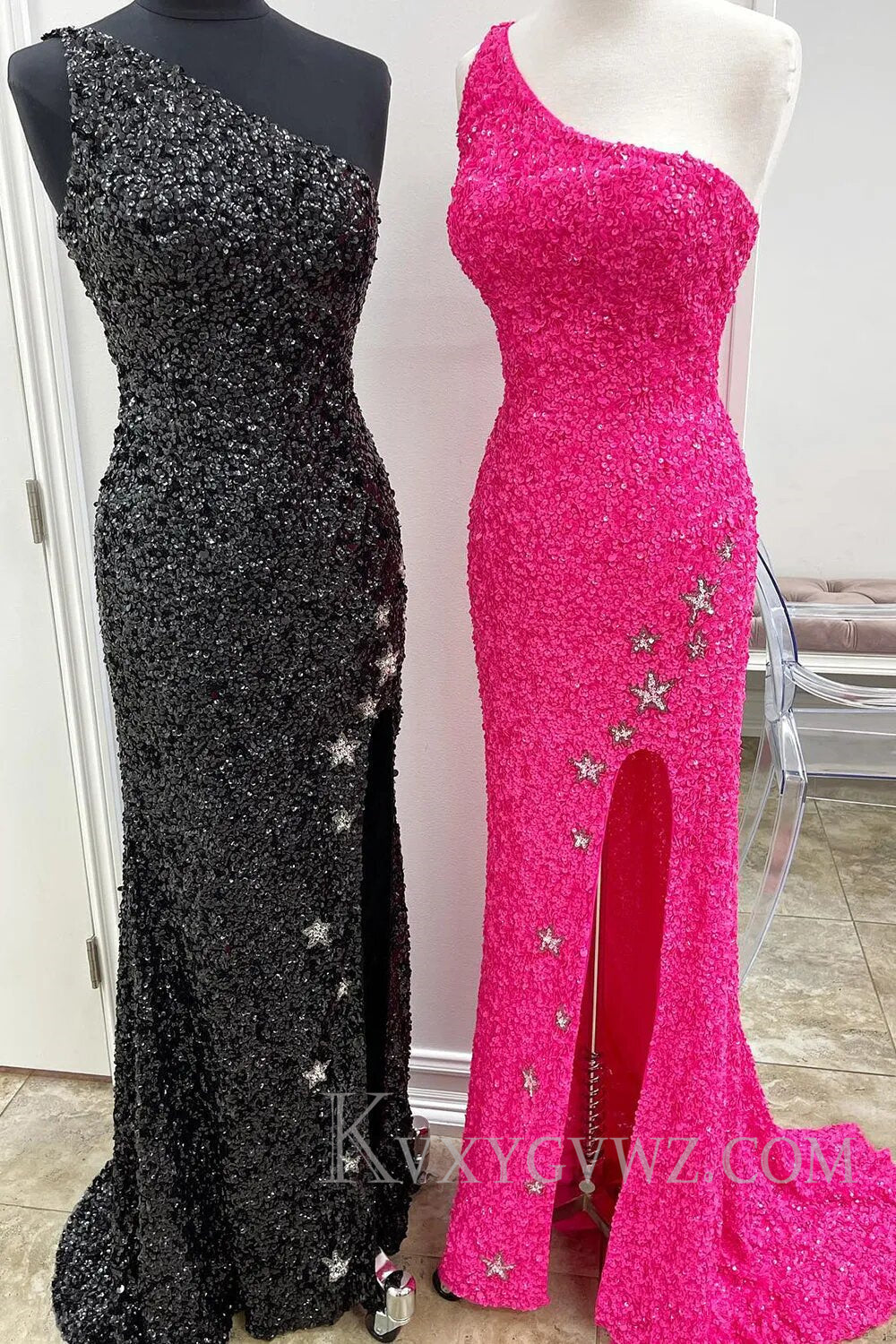 Sparkly One Shoulder Mermaid Black Stars Sequins Prom Dress LF118