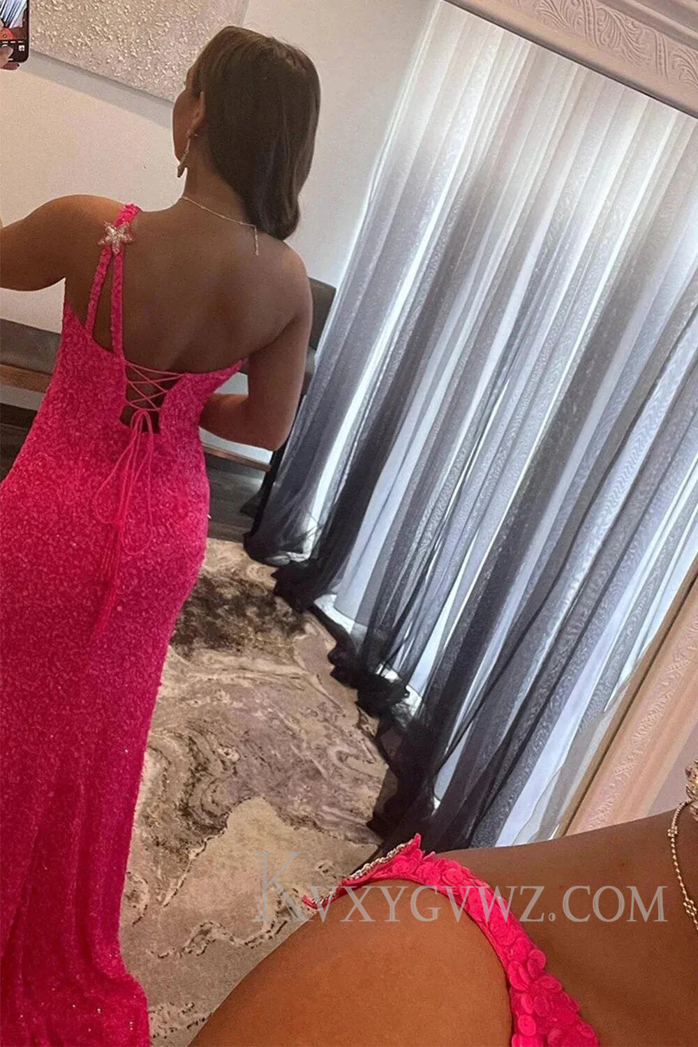 Sparkly One Shoulder Mermaid Black Stars Sequins Prom Dress LF118
