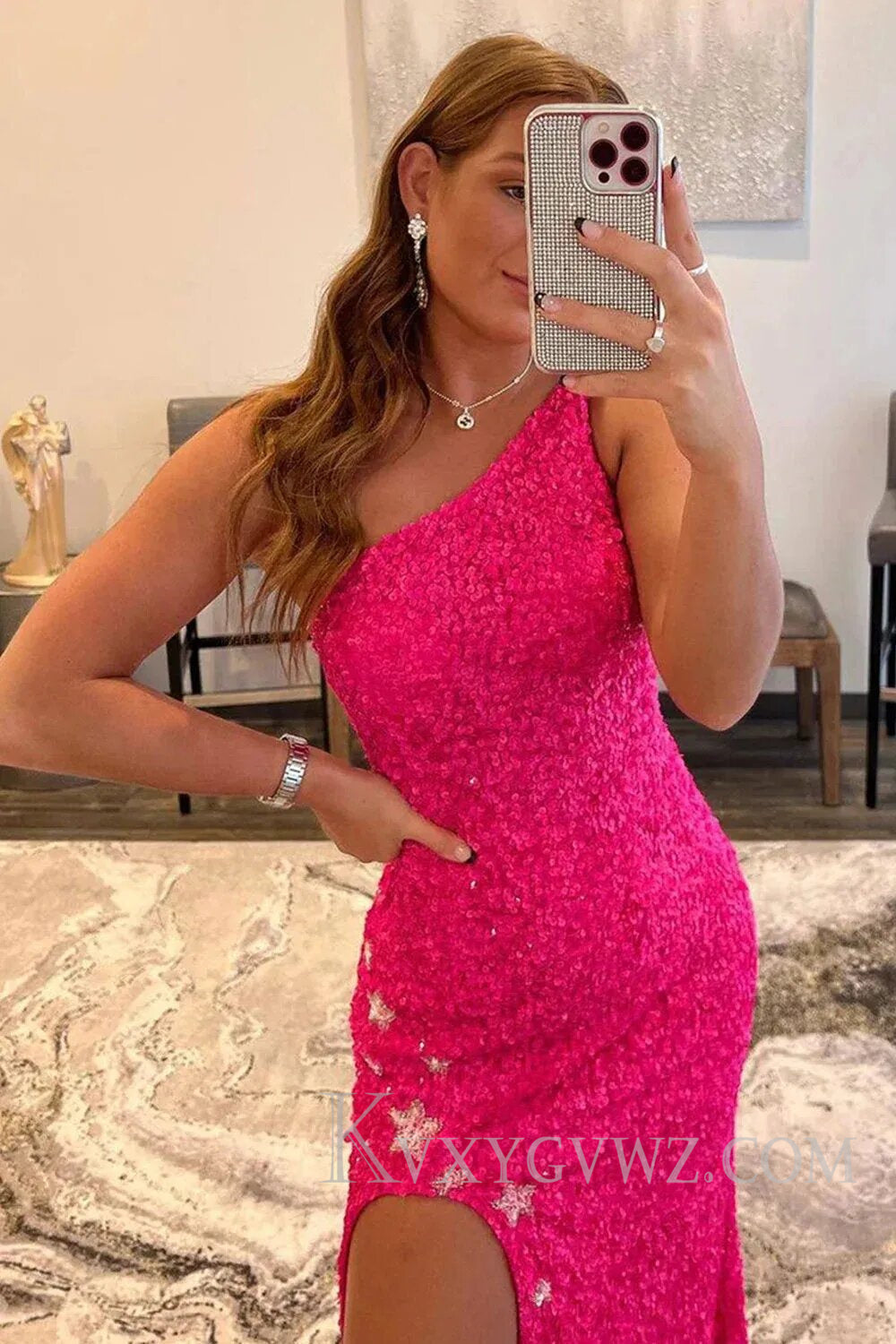 Sparkly One Shoulder Mermaid Black Stars Sequins Prom Dress LF118
