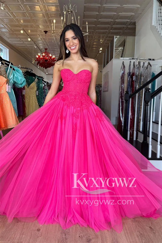 A Line Sweetheart Evening Gown Hot Pink Tulle Prom Dress with Appliques LF1181