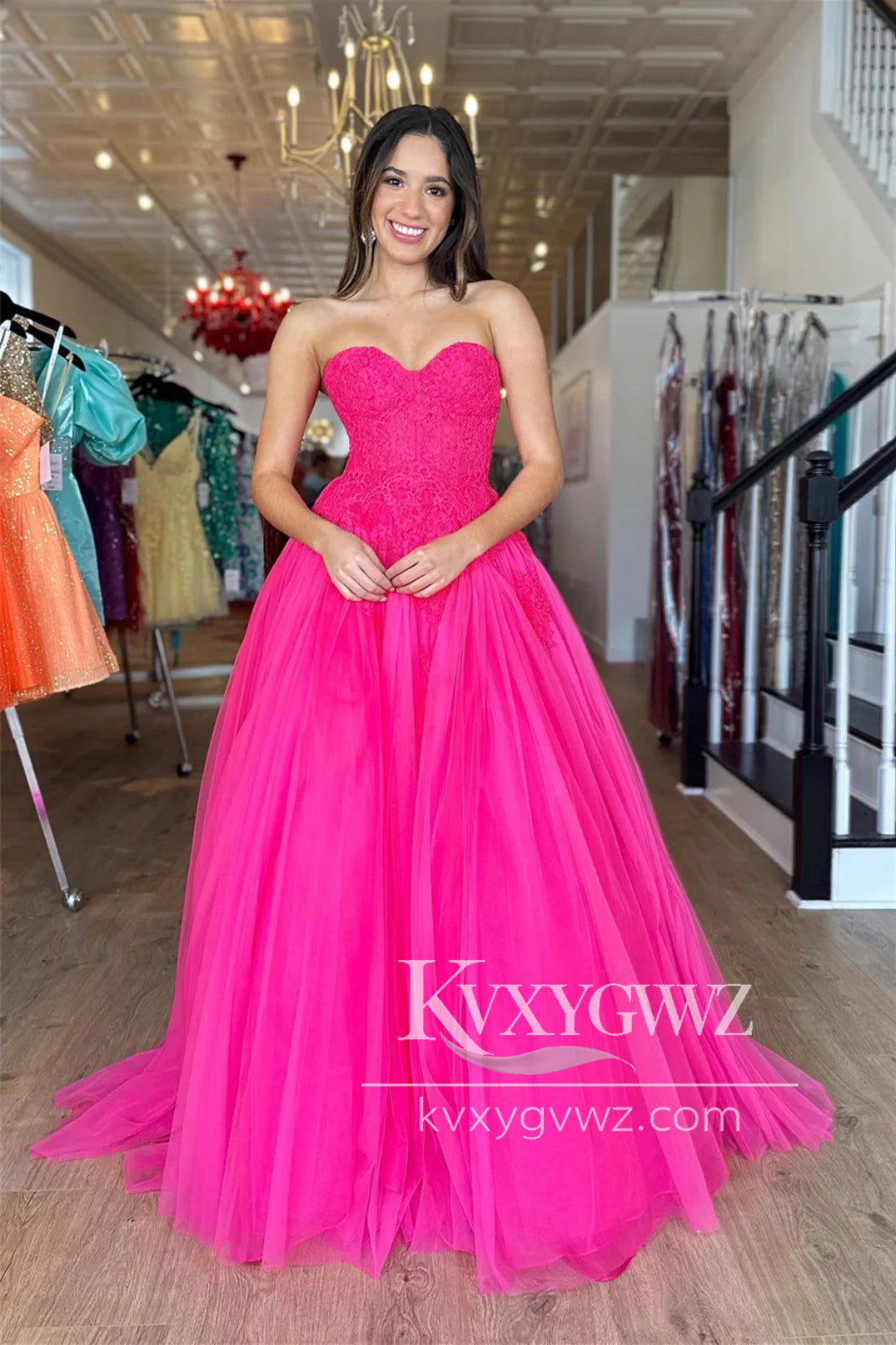 A Line Sweetheart Evening Gown Hot Pink Tulle Prom Dress with Appliques LF1181