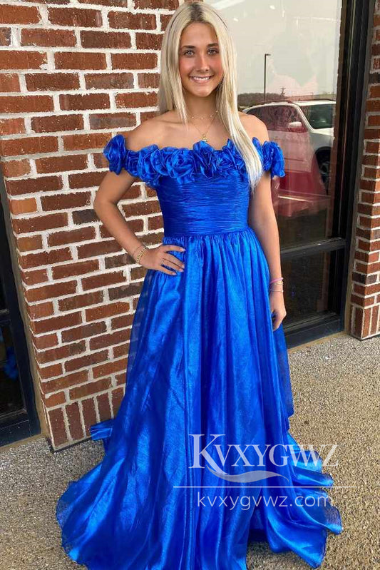 Dazzling A Line Royal Blue Evening Gown Off Shoulder Satin Prom Dress with Pockets LF1183