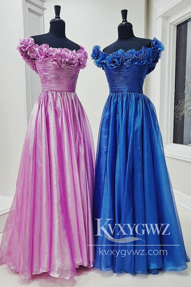 Dazzling A Line Royal Blue Evening Gown Off Shoulder Satin Prom Dress with Pockets LF1183
