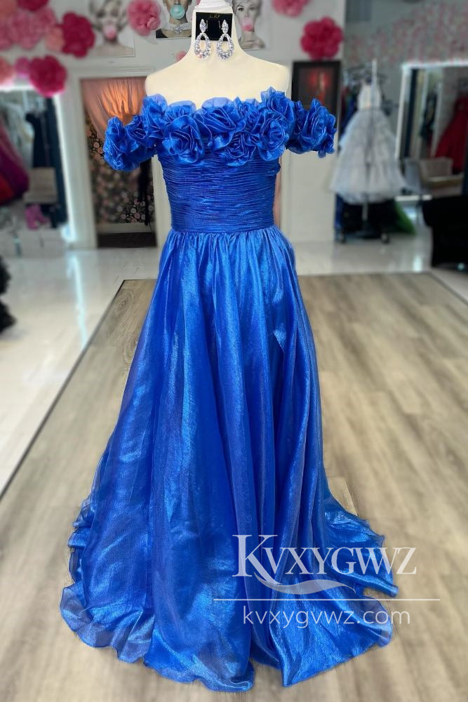 Dazzling A Line Royal Blue Evening Gown Off Shoulder Satin Prom Dress with Pockets LF1183
