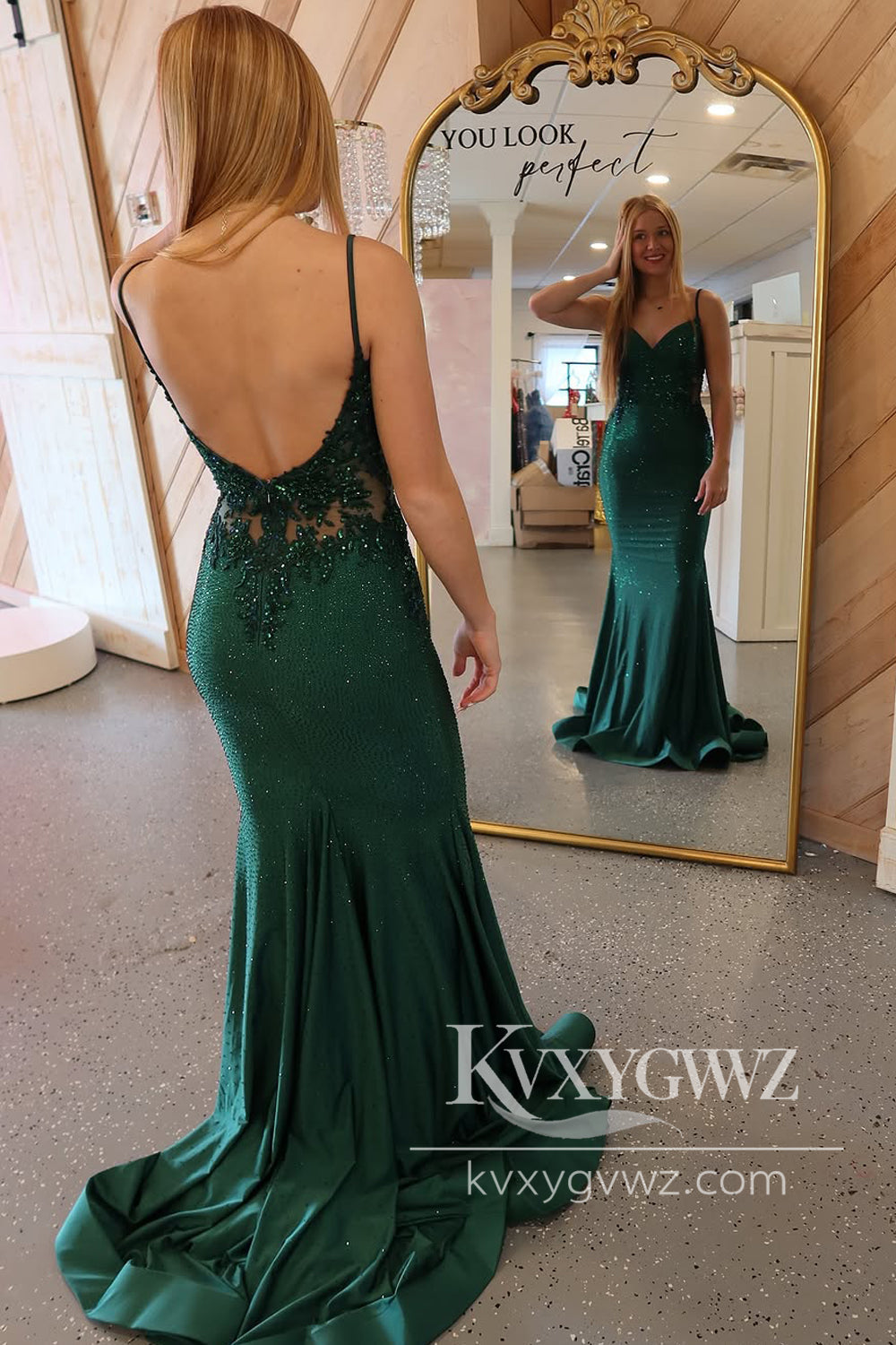 Glamorous Mermaid V Neck Evening Gown Dark Green Spaghetti Strap Beading Prom Dress with Appliques LF1184