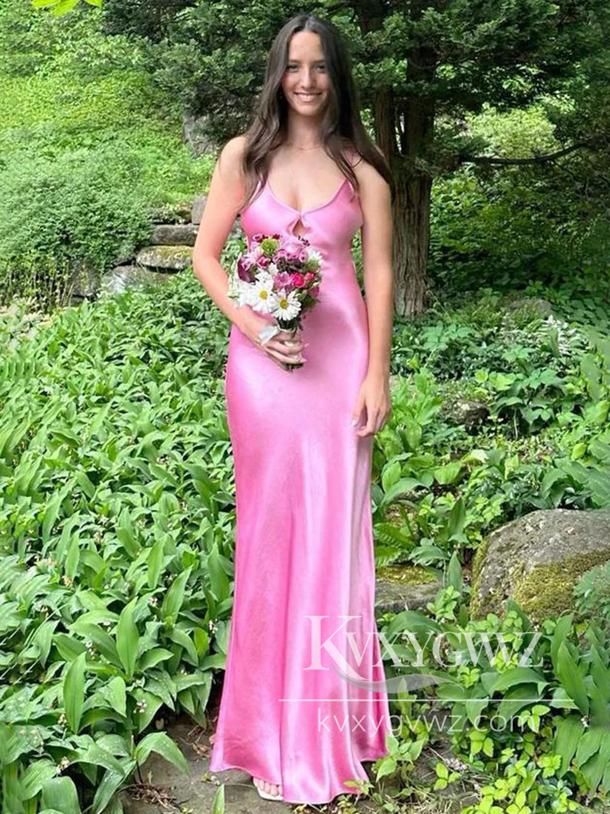 Stunning Mermaid Evening Gown V Neck Keyhole Pink Satin Prom Dress LF1185