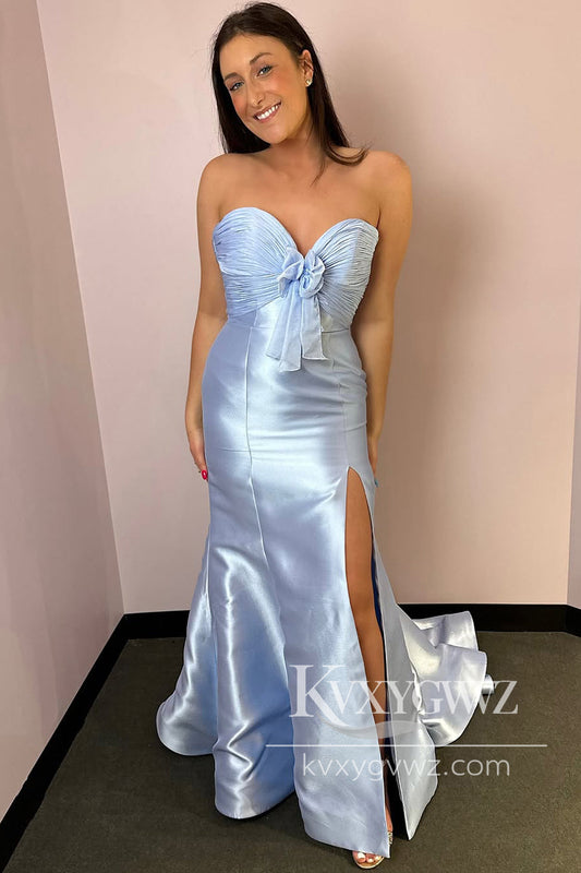 Mermaid Strapless Sweetheart Evening Gown Light Blue Satin Long Prom Dress with Slit LF1186
