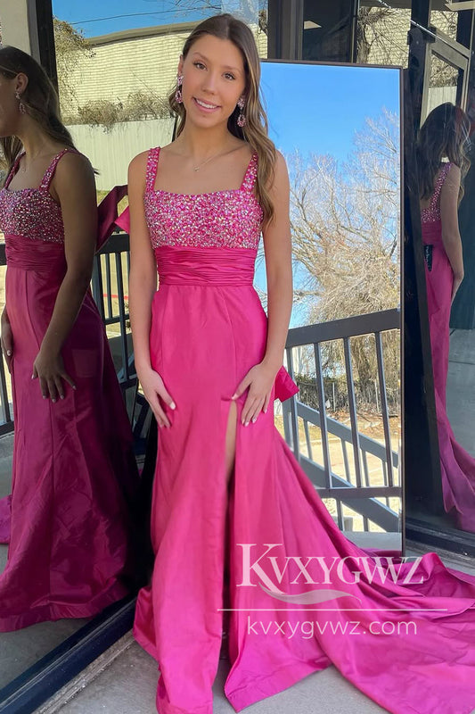 Mermaid Square Neck Fuchsia Evening Gown Satin Long Prom Dress with Slit LF1187