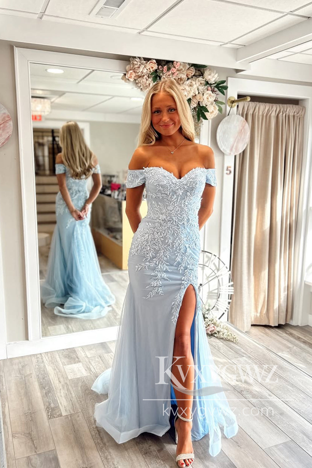 Stunning Mermaid Off the Shoulder Evening Gown Light Blue Prom Dress with Appliques LF1188