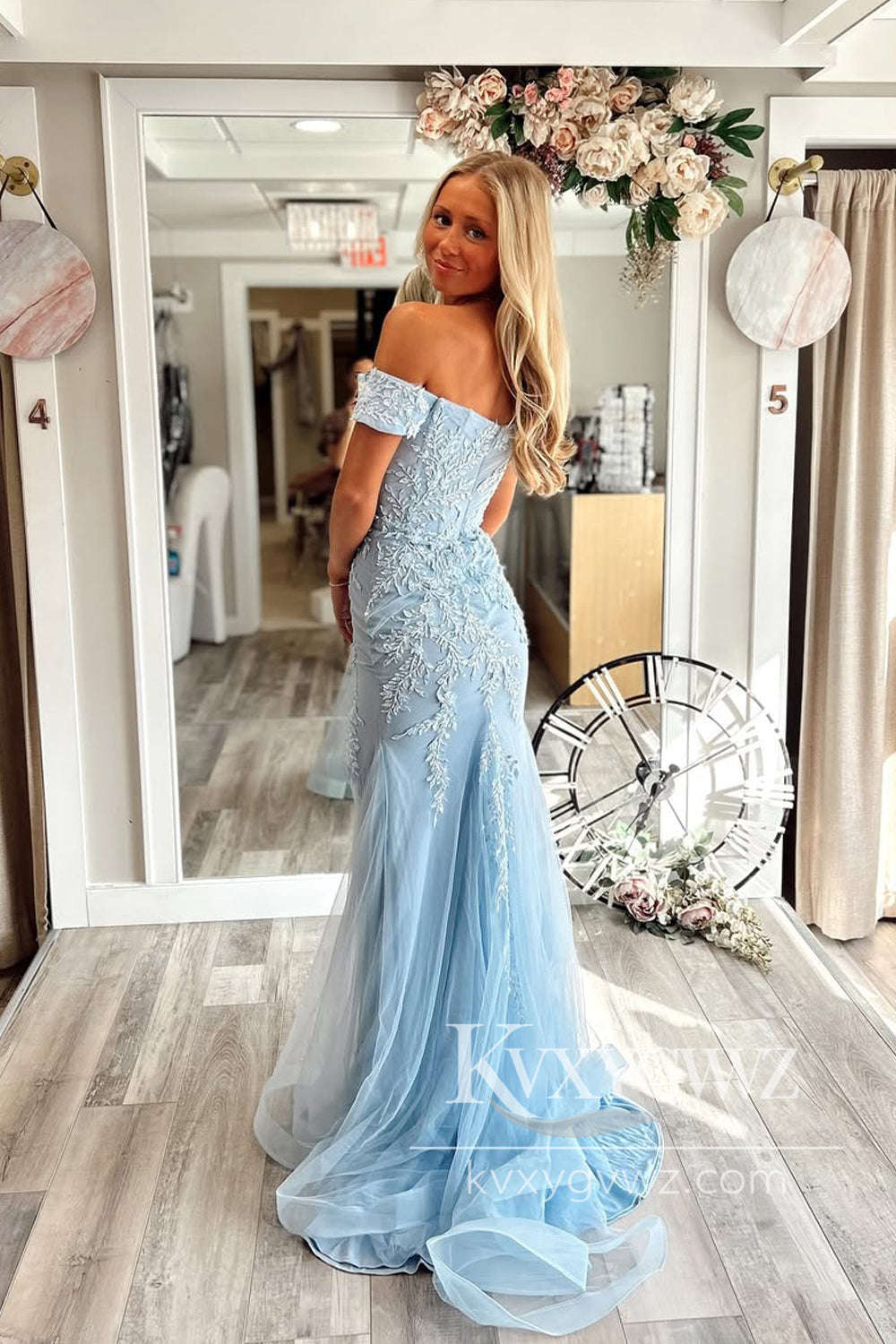 Stunning Mermaid Off the Shoulder Evening Gown Light Blue Prom Dress with Appliques LF1188