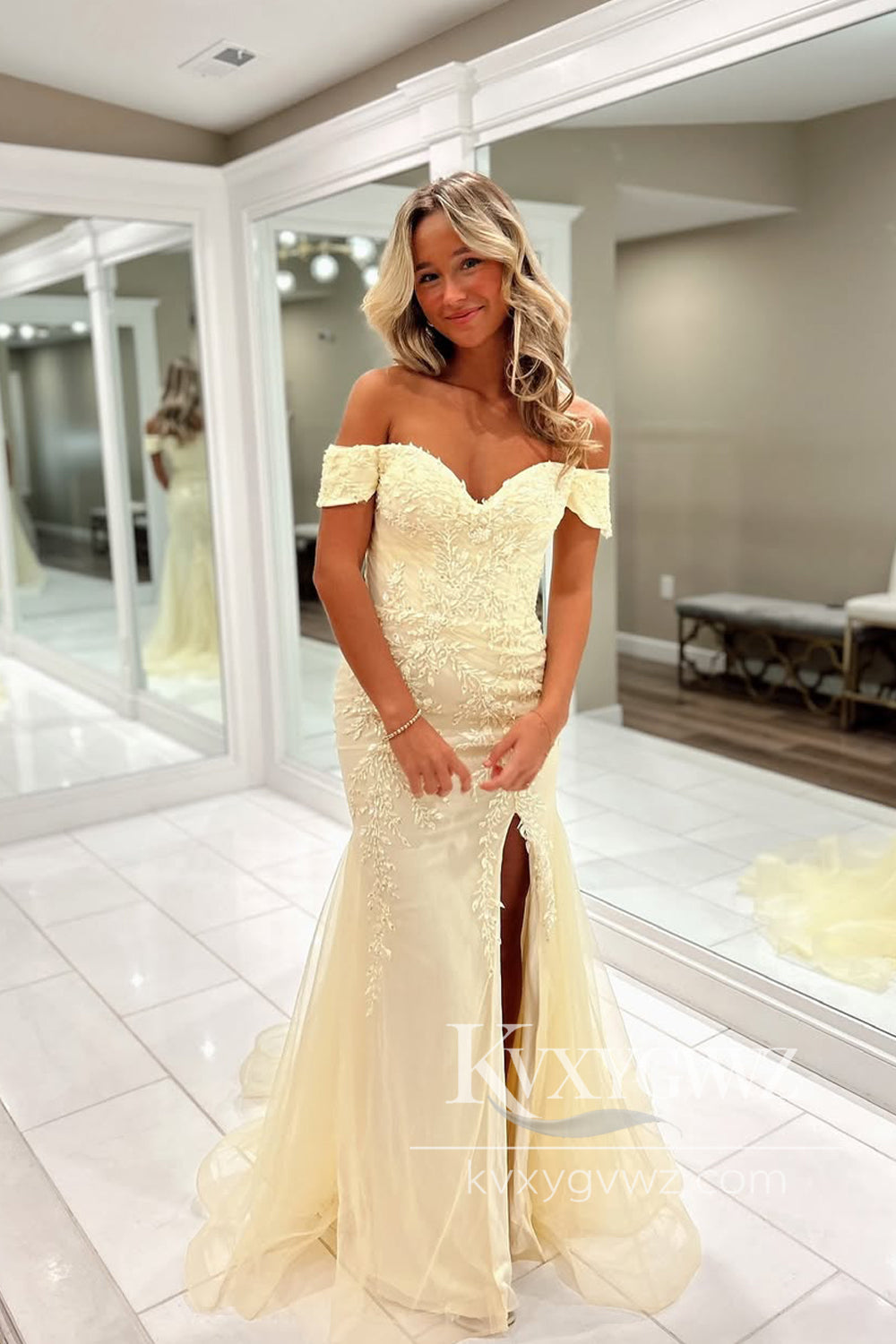 Stunning Mermaid Off the Shoulder Evening Gown Light Blue Prom Dress with Appliques LF1188