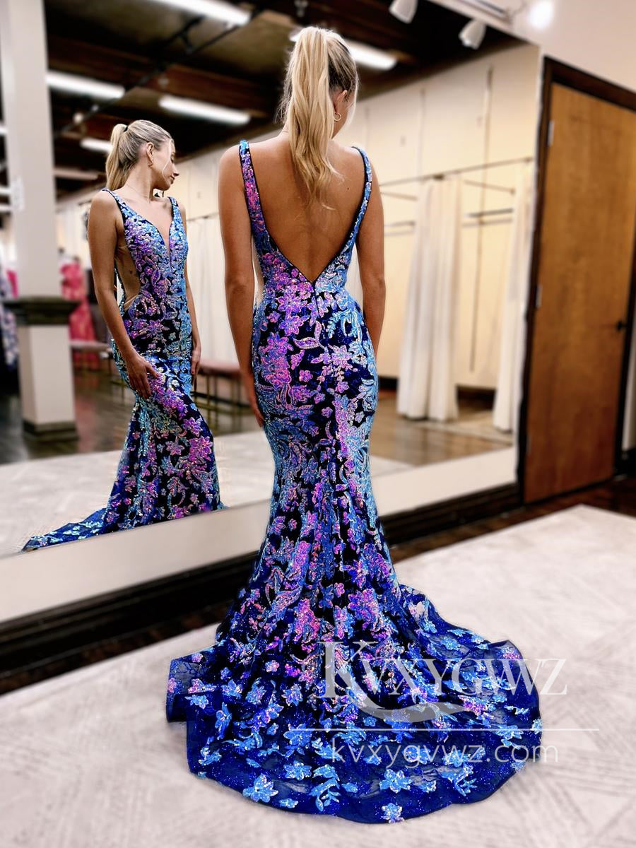 Conspicuous Mermaid V Neck Evening Gown Magic Purple Sequins Lace Prom Dress LF1189