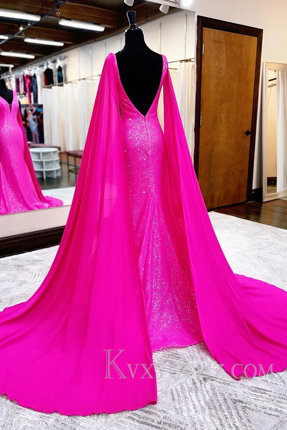 Sparkly Fuchsia Deep V-neck Mermaid Prom Dress with Long Ribbon LF119