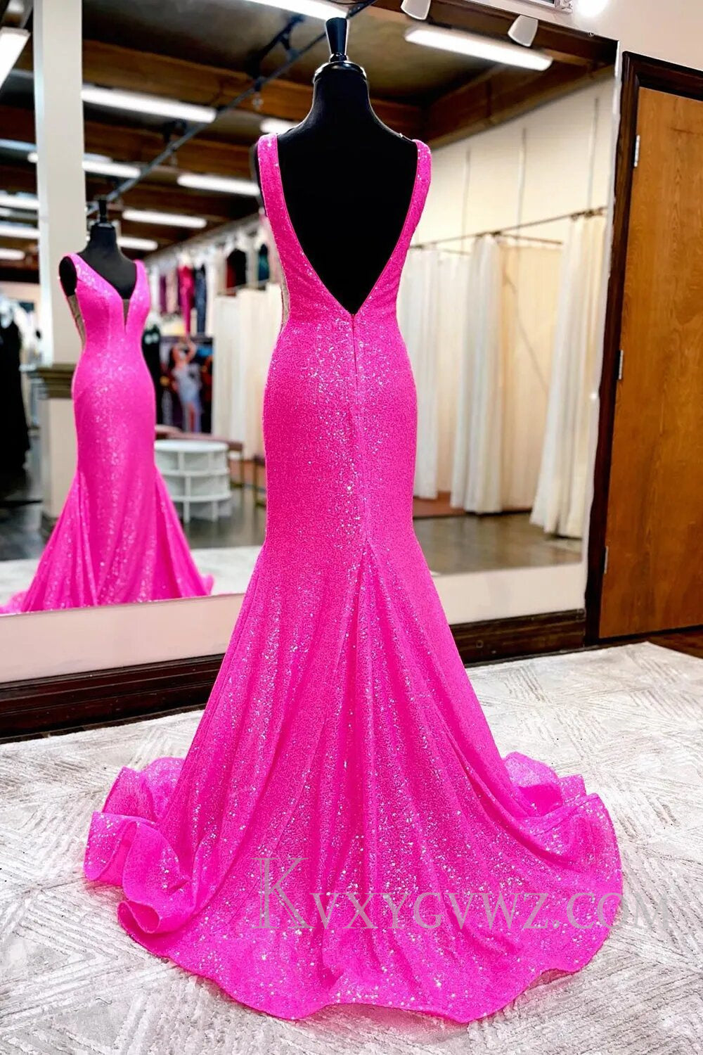 Sparkly Fuchsia Deep V-neck Mermaid Prom Dress with Long Ribbon LF119