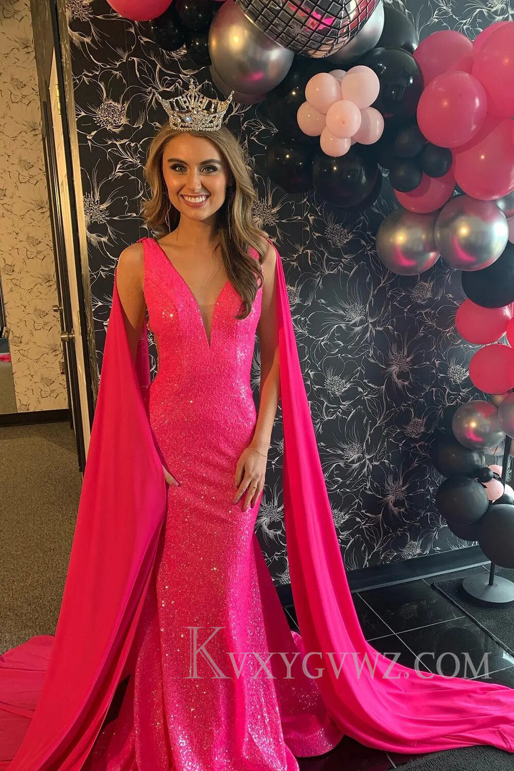 Sparkly Fuchsia Deep V-neck Mermaid Prom Dress with Long Ribbon LF119