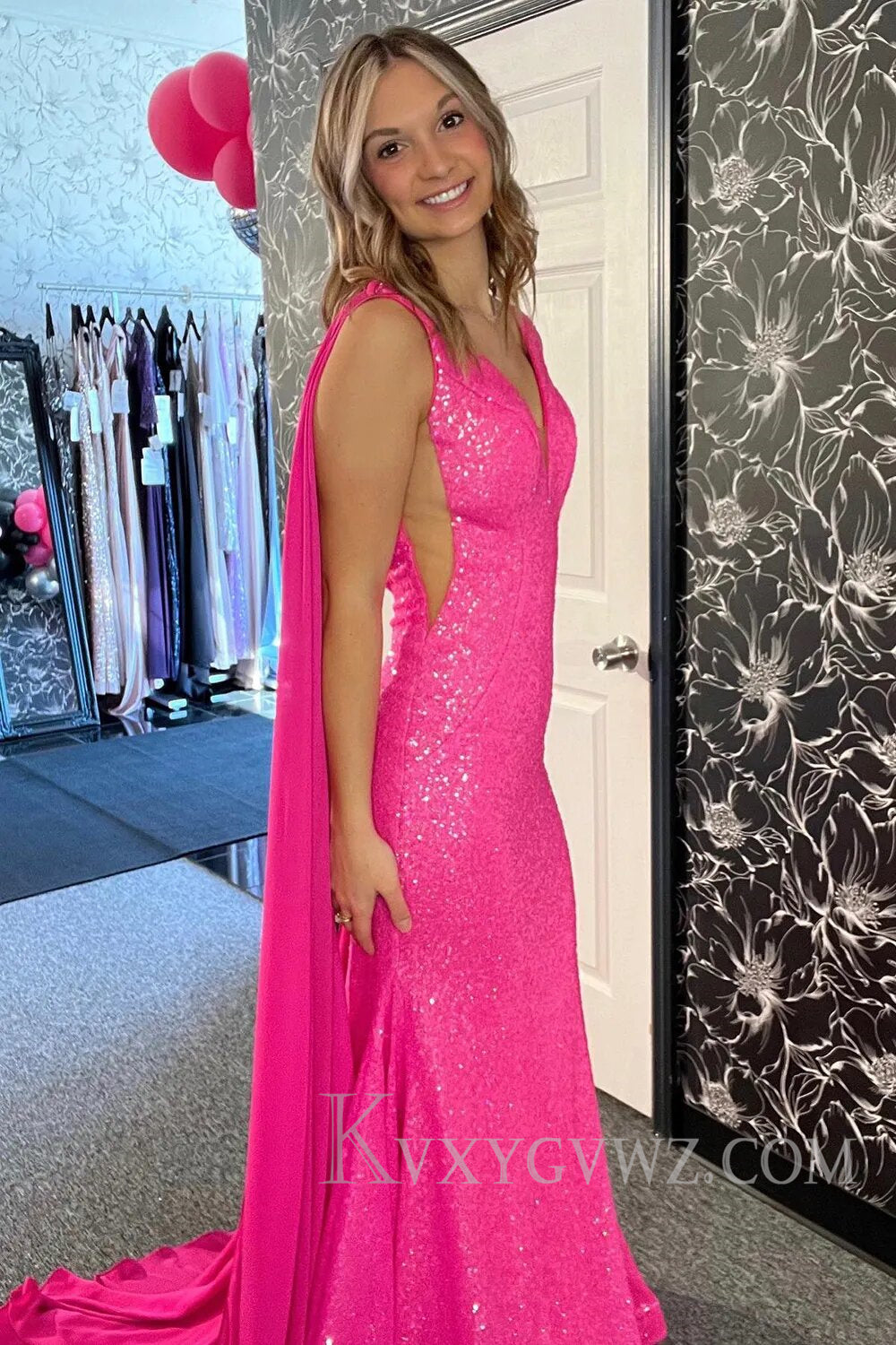 Sparkly Fuchsia Deep V-neck Mermaid Prom Dress with Long Ribbon LF119
