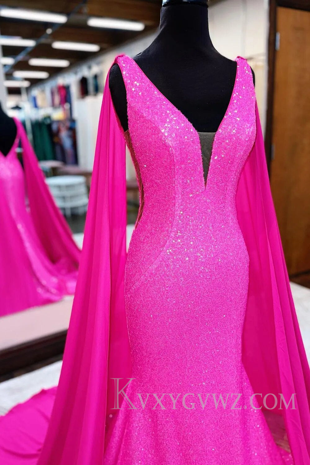 Sparkly Fuchsia Deep V-neck Mermaid Prom Dress with Long Ribbon LF119