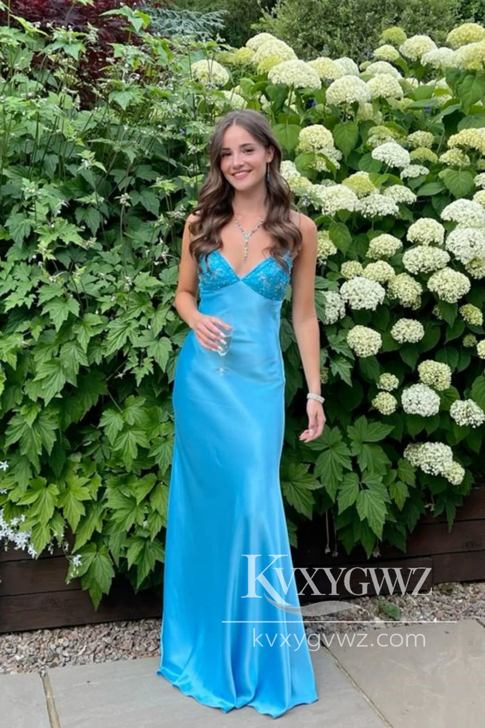 Sheath V Neck Blue Evening Gown Silk Satin Prom Dress with Beading LF1190
