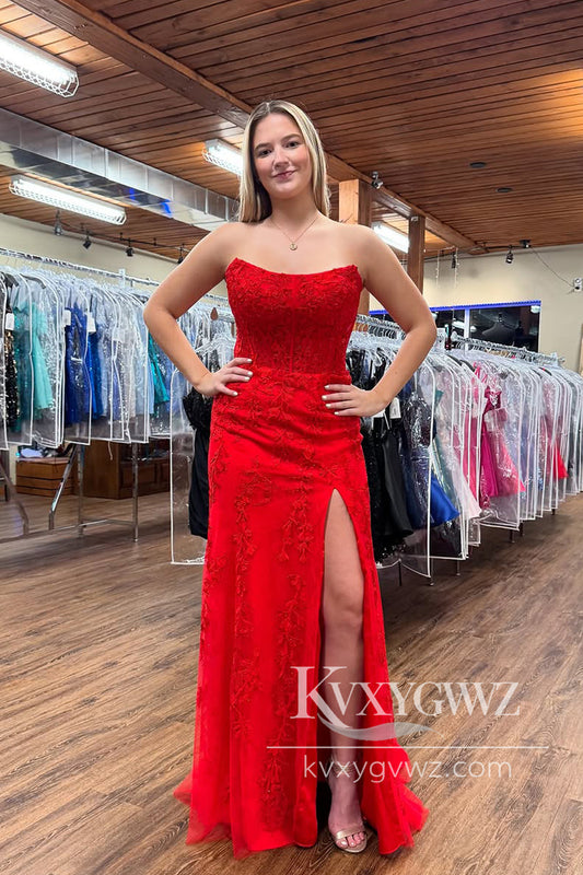 Stunning Mermaid Strapless Evening Gown Red Lace Prom Dress with Appliques LF1192
