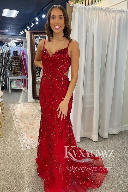 Stunning Mermaid Evening Gown Spaghetti Strap Red Sequins Lace Prom Dress LF1195
