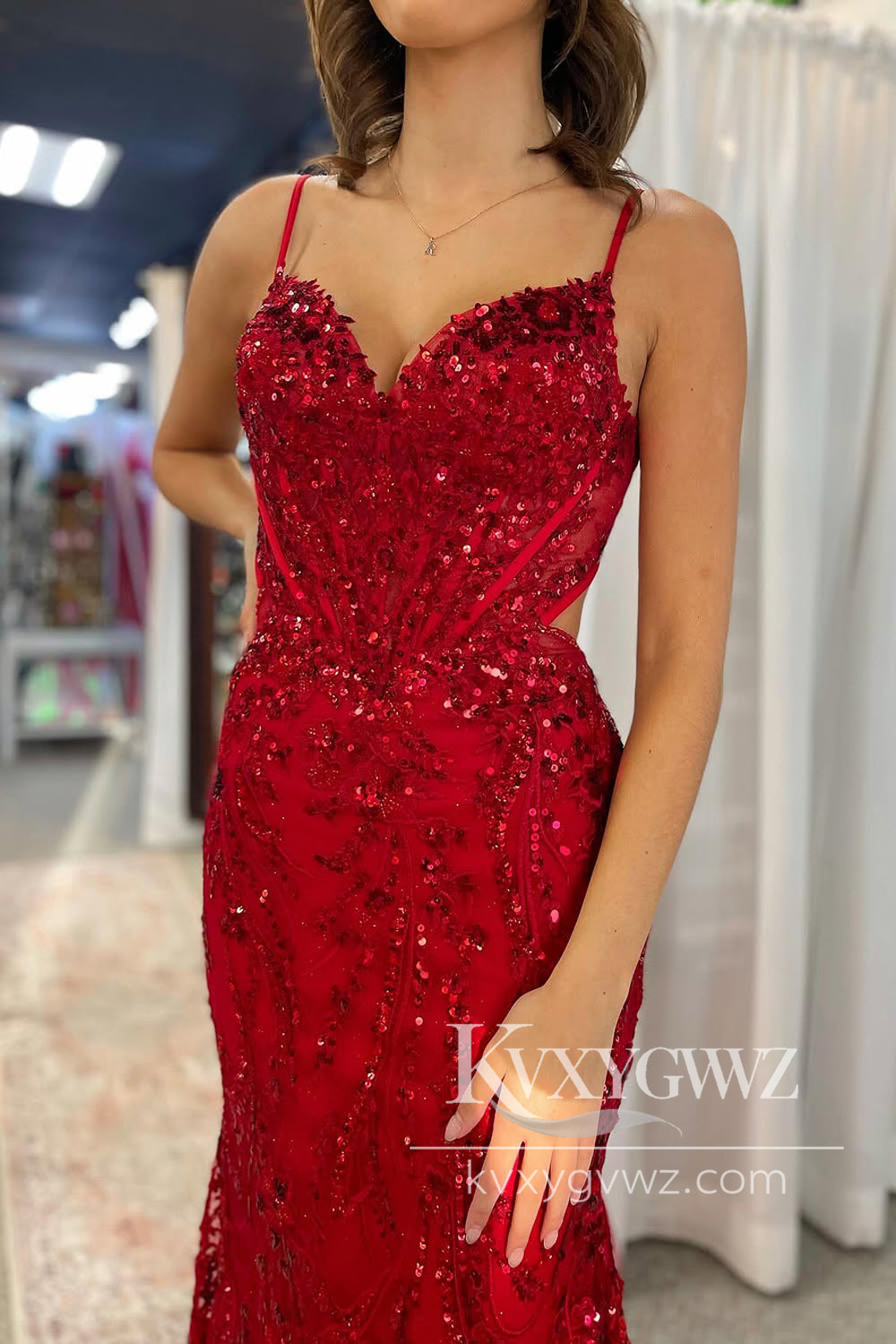 Stunning Mermaid Evening Gown Spaghetti Strap Red Sequins Lace Prom Dress LF1195