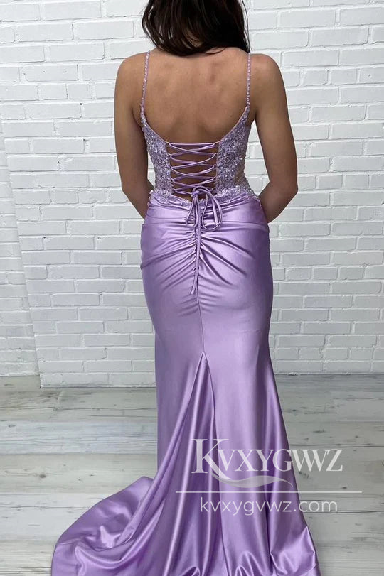 Stunning Mermaid V Neck Evening Gown Lavender Satin Prom Dress with Appliques LF1197