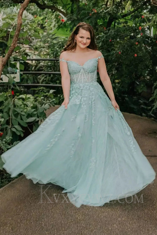 A Line Spaghetti Straps Light Green Sweetheart Prom Dress with Appliques LF011