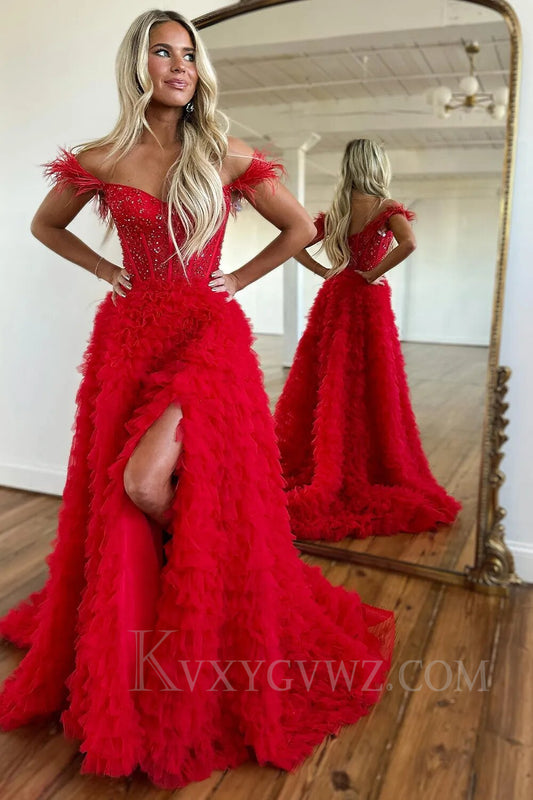 Red Off the Shoulder A-Line Princess Prom Dress LF012
