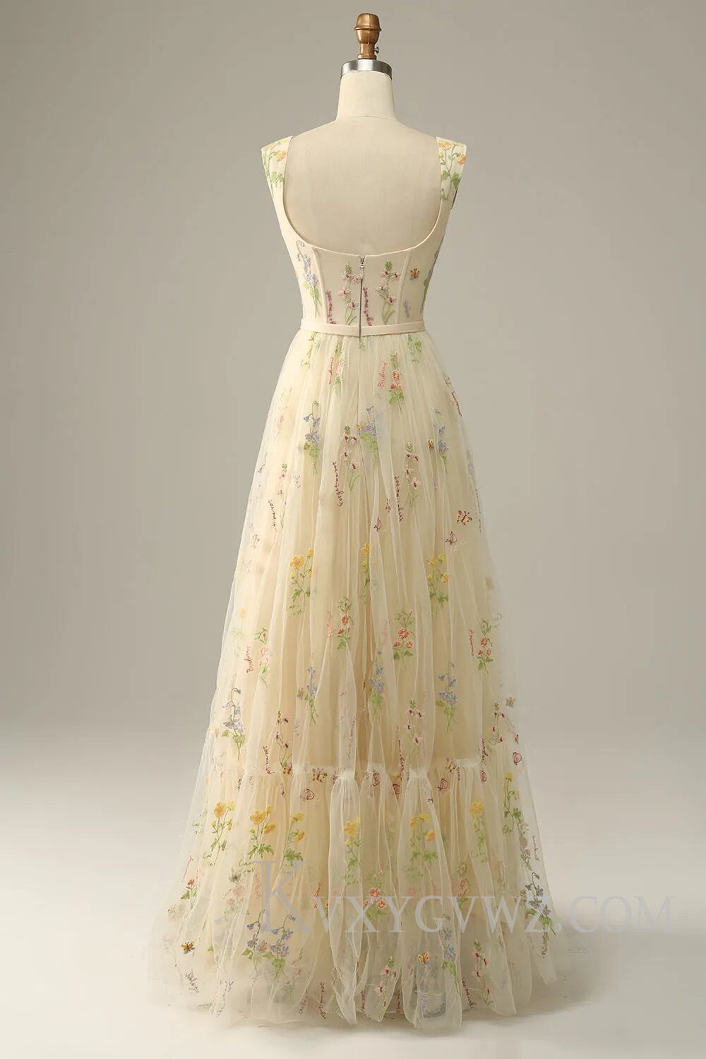 Champagne A-Line Floor Length Embroidery Prom Dress LF120