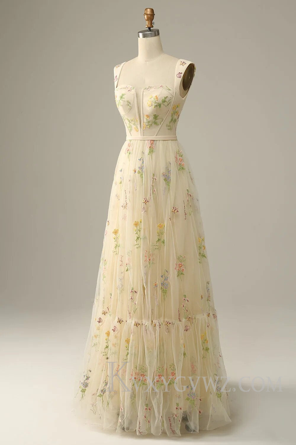 Champagne A-Line Floor Length Embroidery Prom Dress LF120